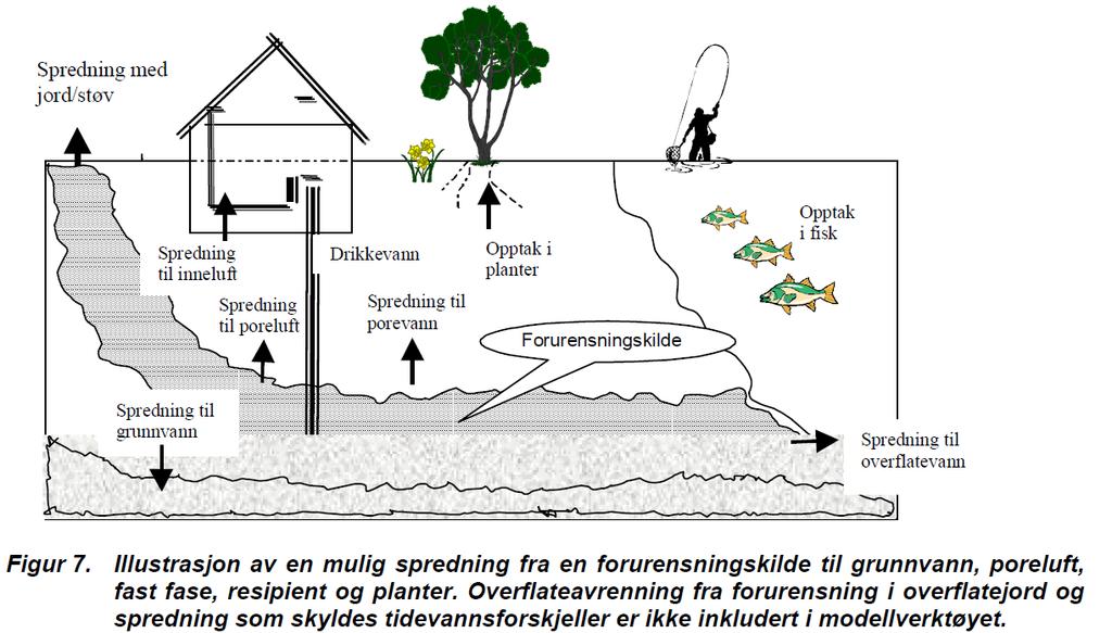 Hva sier risikoveilederen om spredning fra forurenset grunn til grunnvann og resipient?