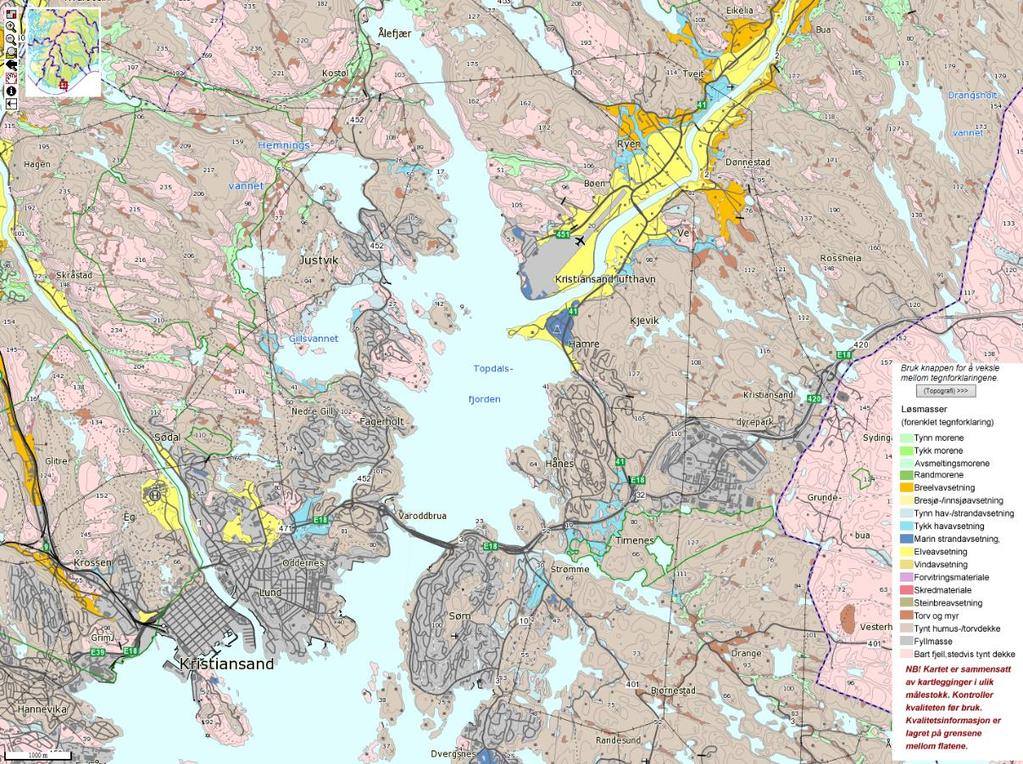 Løsmassegeologi i Norge Kartutsnitt fra NGU med løsmasse fra Vest-Agder Gult er sand og grus, avsatt av elva Oransje er sand og grus, avsatt under og