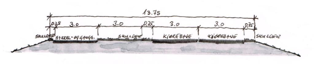 Der det blir bygd ny sykkel- og gangveg langs vegen, vil totalbreidde for kjøreveg og sykkel- og gangveg vera 13,75 m.