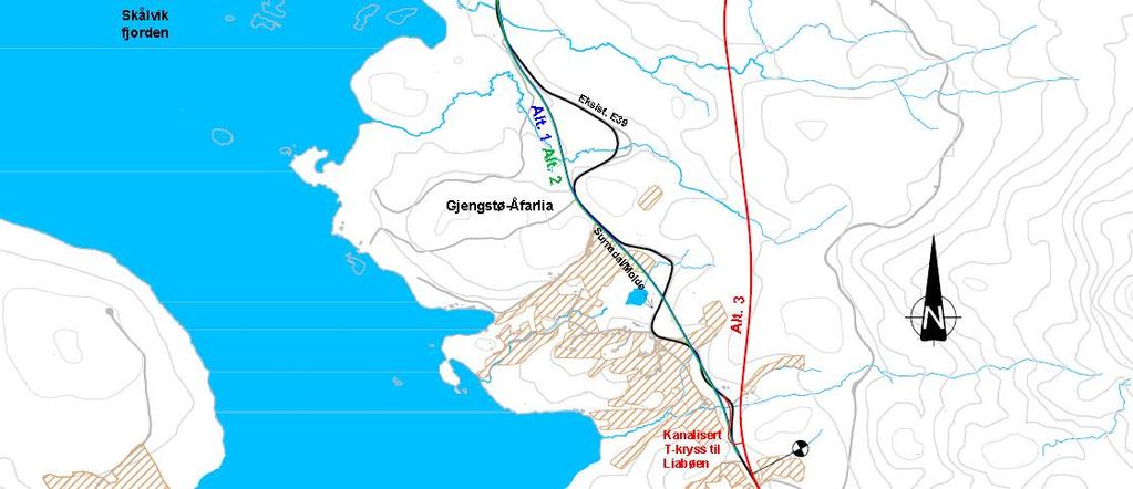 Trasèen er en bearbeidet variant av Alternativ 3, som ble konsekvensutredet av i forbindelse med «Kommunedelplan og konsekvensutredning for Liabøen» i perioden 2012 2016, og er vist med rød strek