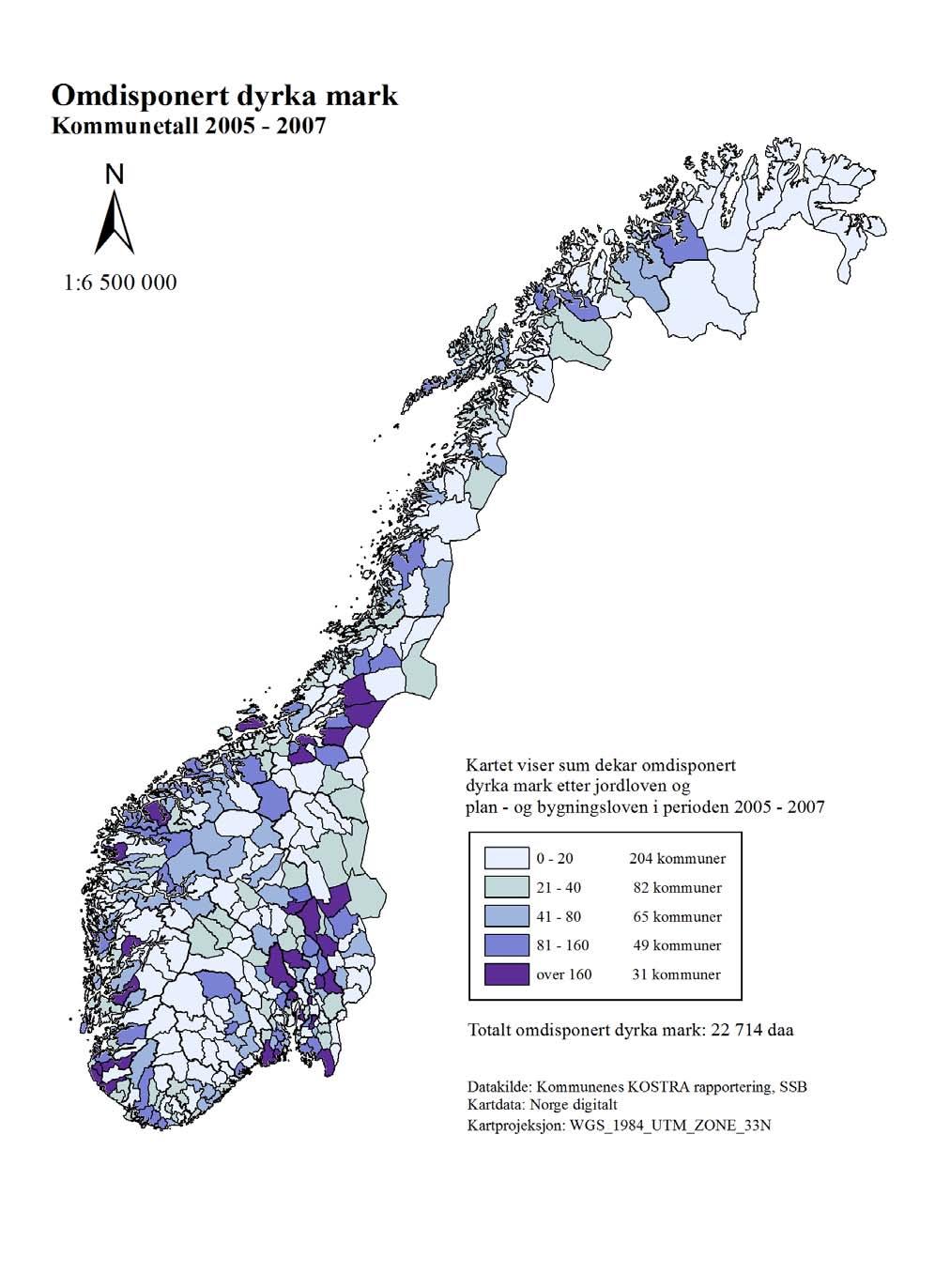 Kart 1: Omdisponert dyrka mark 2005-07, kommuner Alle reguleringsformål med