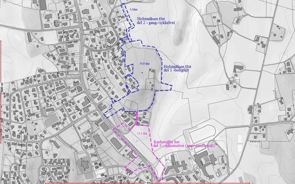 Hele planområdet omfatter et areal på omtrent 89,0 daa. Delområdet 1 for boligfelt Holstadåsen Øst, 54,9 daa, Delområdet 2 for gang-/sykkelvei, ca. 3,0 daa.