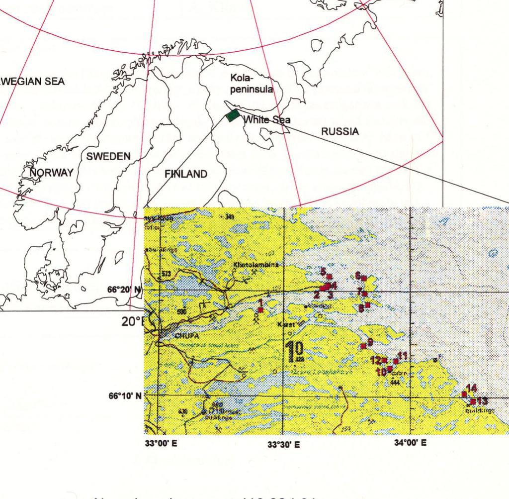 Eksempel I, Akvakultur Oppdrett av regnbueørret i Kvitsjøen, fase 1: Lokalitetsundersøkelser 14 lokaliteter undersøkt i den karelske