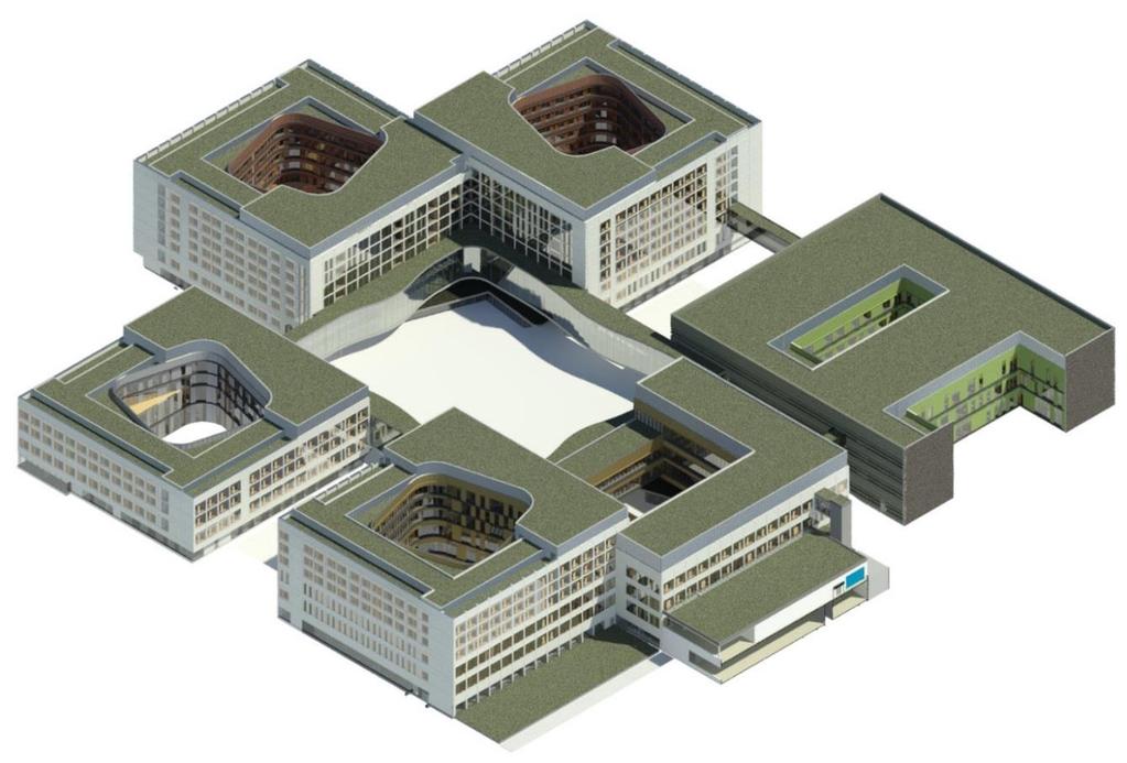 6.1.1 Fasader Figur 52 Aksonometri - Nye Stavanger Universitetssjukehus For fasadeutformingen har det arkitektoniske konseptvalget gitt seg utrykk i rasjonelt og strukturert utformede fasader med en