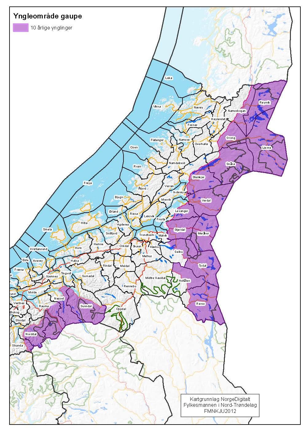 22 Fig. 10b: Kart over område med mål om 10 ynglinger av jerv i regionen (alternativ 2 uten Forollhogna). Jervebestanden har i de siste årene ligget noe over bestandsmålet i region 6.