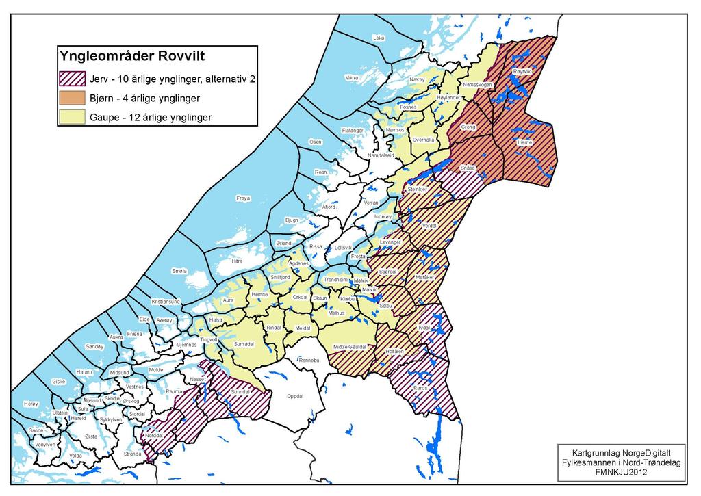 25 3.6 Yngleområder for rovvilt i region 6 Fig 12a: Oversiktskart over yngleområdene for bjørn, jerv og gaupe (alternativ 1 med