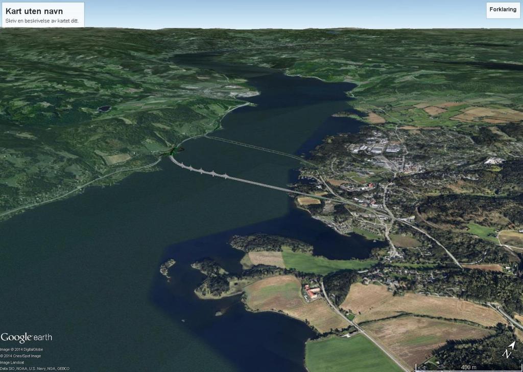 E6 Moelv-Biri Konsekvenser for justert trasealternativ i Ringsaker, delutredning for landskapsbilde 29 Opprinnelig alternativ sør, bru over Mjøsa, 3D modell lagt inn i Google earth pro.
