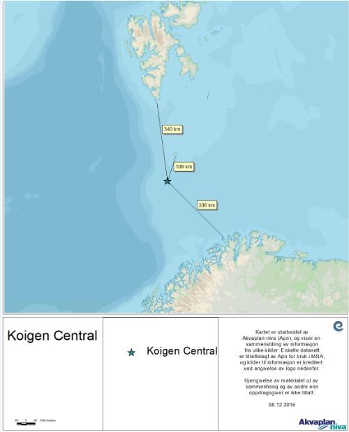 Figur 1-1 Lokasjon til letebrønn 7317/9-1 Koigen Central. Korteste avstand til Bjørnøya er 109 km mens korteste avstand til fastland er 336 km. Figur hentet fra miljørisikoanalysen for brønnen [1].
