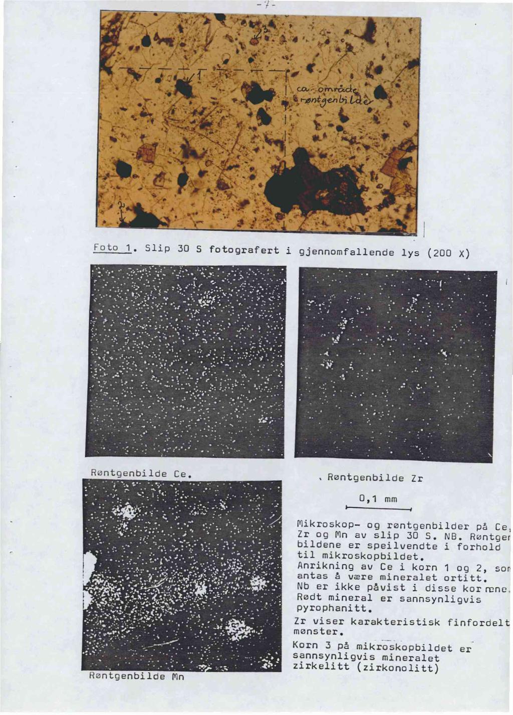CN. Foto 1. Slip 30 S fotografert i gjennomfallende lys (200 X) Røntgenbilde Ce. Rentgenbilde Zr 0,1 mm Hantgenbilde Mn r Mikroskop og rantgenbilder på Ce, Zr og Mn av slip 30 S. NB.