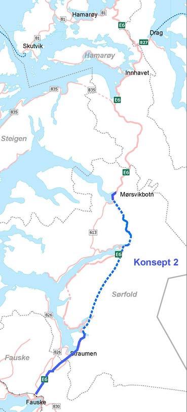 Konsept 2: Lang tunnel I konseptet erstattes eksisterende E6 mellom Megården og Sørfjord av to tunneler på henholdsvis 17 og 3,5 km. Ellers er konseptet likt konsept 1.