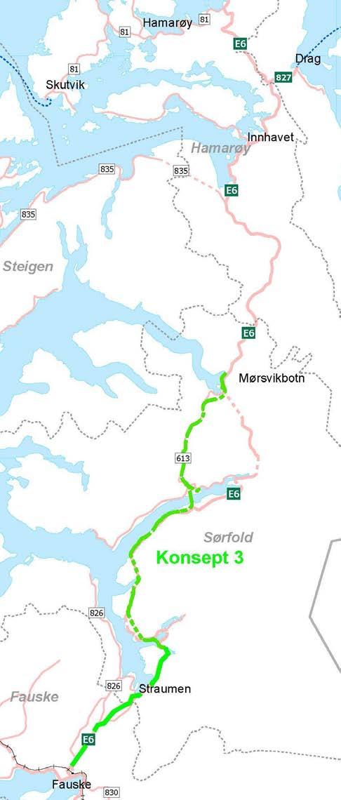 Bonåsjøen Sommerset 613 Megården Sørfjordmo Elvkroken Konsept 3: Leirfjorden Konseptet er identisk med konsept 1 fram til første tunnel øst for Sommerset.