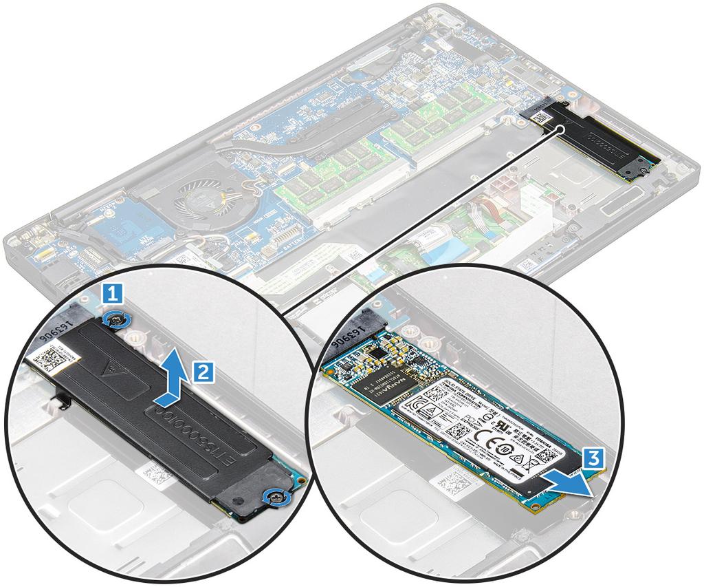 Sette inn PCIe SSD 1 Skyv PCIe SSD-kortet inn i sporet. 2 Sett inn SSD-braketten over PCIe SSD-kortet.
