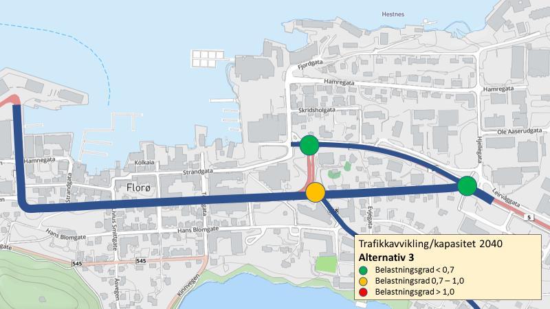 6.4 Alternativ 3 6.4.1 Trafikkavvikling og kapasitet Figur 18. Trafikkavvikling og kapasitet alternativ 3 (2040). Detaljanalyse i Vedlegg.