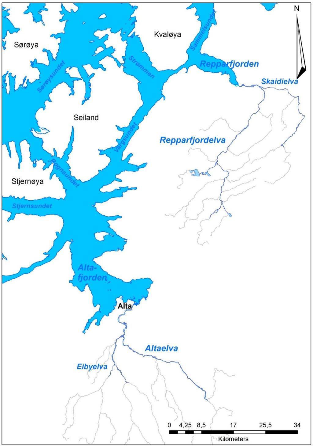 Figur 1. Altavassdraget og Repparfjordvassdraget i Finnmark.