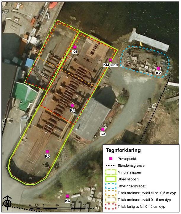 18 Ved utfyllingsområdet ved K2 antas det at topplaget (grå sand og grus) vil tilfredsstille akseptkriteriet. Grunnvann ble påtruffet på 1,2 m dyp. Eventuelt tiltak vil omfatte et område på ca.