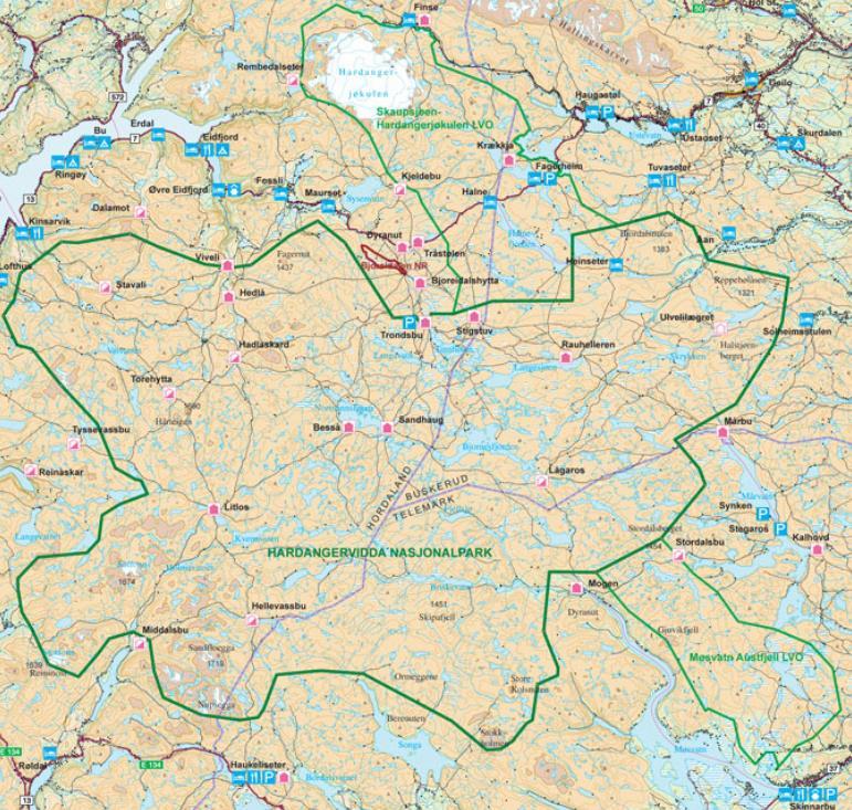 Hardangervidda nasjonalpark Oppretta i 1981 3 422 km², største i fastlands-noreg Store verneverdiar 7 kommunar i 3 fylke 3 fylkesvise tilsynsutval forvaltar