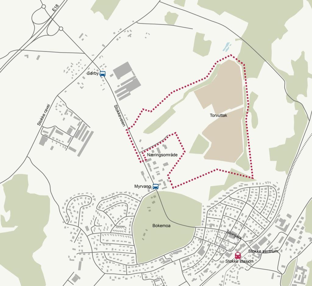 Figur 2.3 Kart som viser planens avgrensning og nærliggende områder. Sør for varslingsområdet utvikler Block Watne et boligområde. Reguleringsarbeidet for dette området vil starte sommeren 2017.