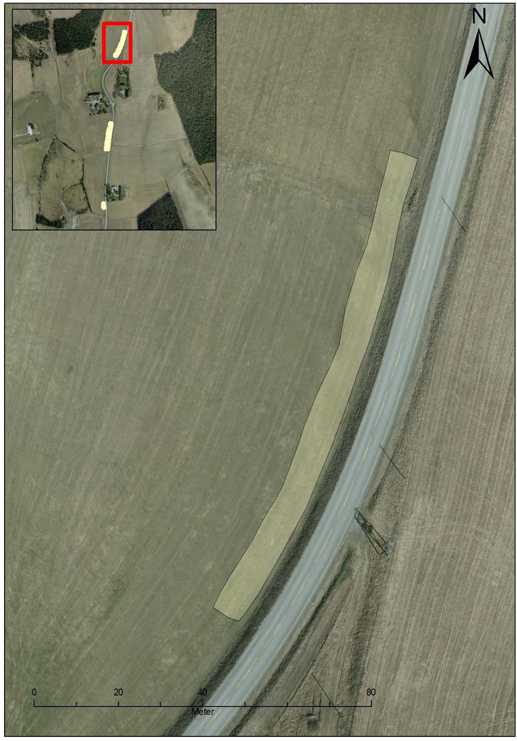 Figur 7: Flyfoto med utgravningsområder til Lok 1 markert (Kartgrunnlag: Statens