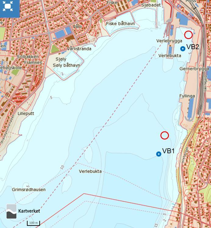 Figur 2 For målinger av strømforhold i Verlebukta ble en profilerende strømmåler (ADCP) plassert på 20 m vanndyp (VB1), og en punktmåler ble plassert på ca. 8 m vanndyp (VB2).