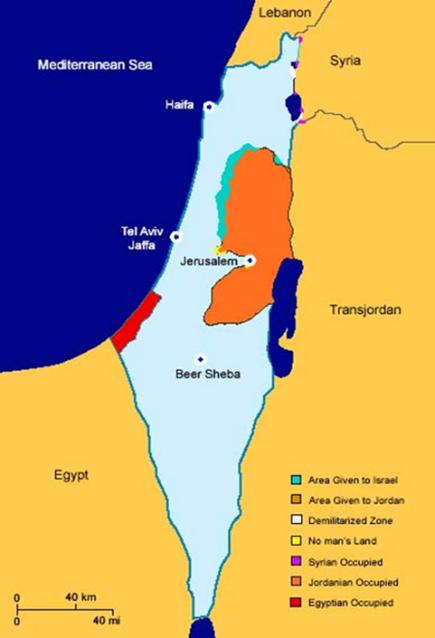 Israels opprettelse i 1948 Da britene trakk seg ut og Israel ble opprettet 14 mai 1948, angrep de arabiske nabolandene. Jordan okkuperte Vestbredden og Egypt okkuperte Gaza.
