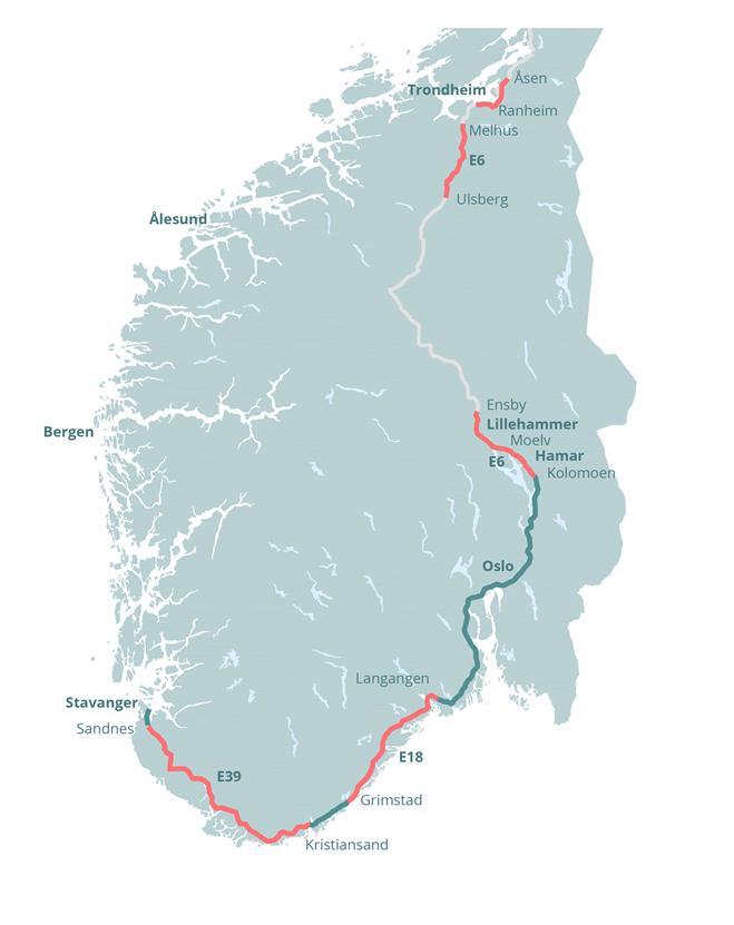 Fire utbyggingsområder, lokasjoner E6 Trøndelag - Trondheim E6 Mjøsregionen - Hamar E18 Langangen
