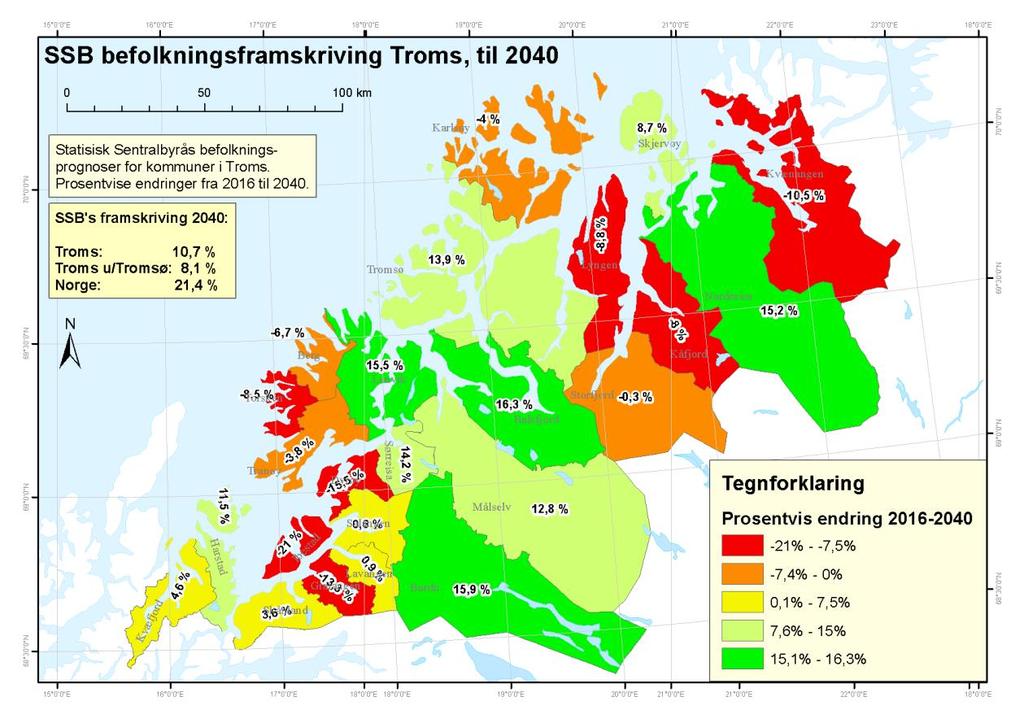 Figur 17 Befolkningsframskriving i Troms, fram til 2040 Fra i dag og frem til 2040 vil det iht. prognosene bli en befolkningsvekst i Troms på 10,7 % og 8,1 % for Troms u/ Tromsø.