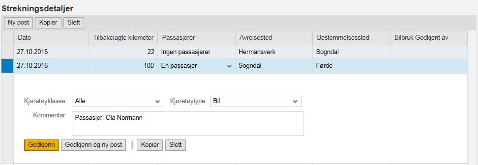 Dersom de har brukt eigen bil, kan de fylle ut strekningsdetaljar. Når du legg inn km godtgjersle, legg du først inn tal km du har køyrt.