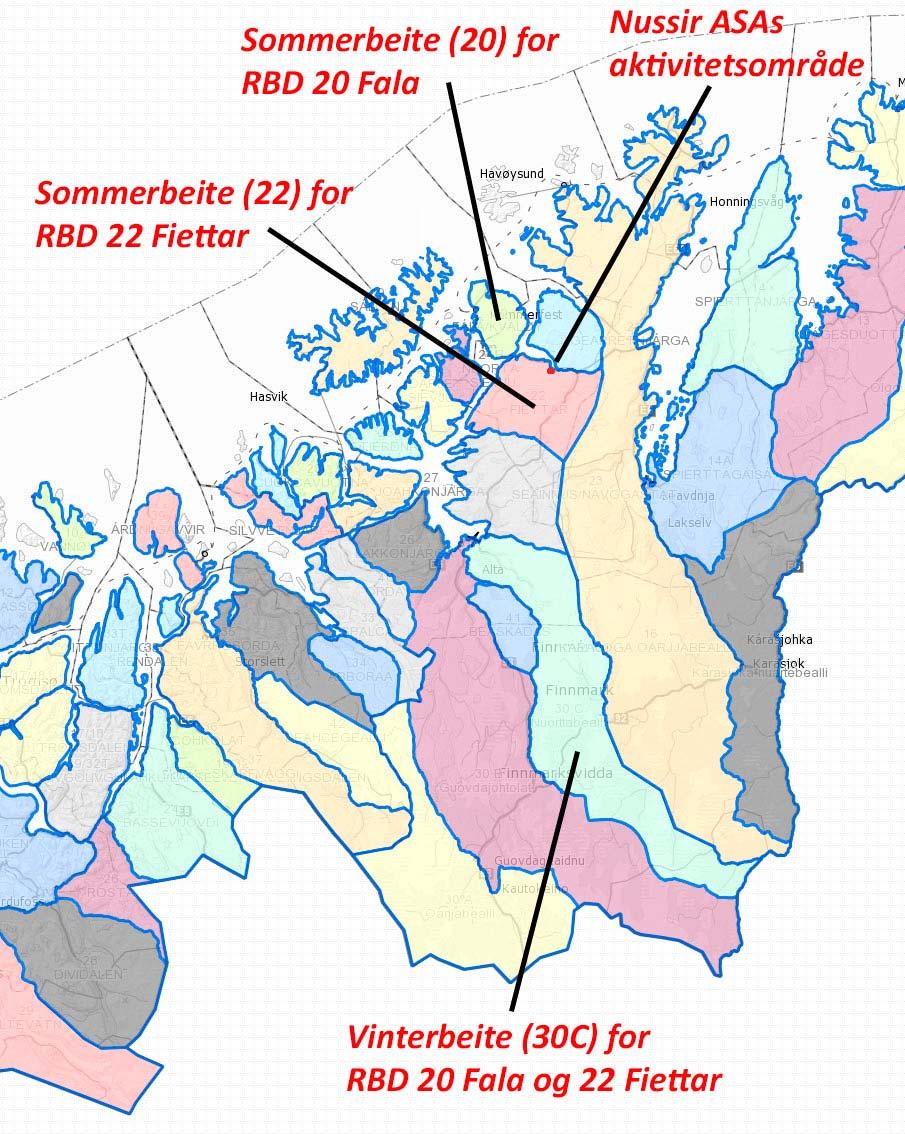 FIGUR 2 KART SOM VISER REINBEITEDISTRIKTENE (RBD) I VEST FINNMARK, HERUNDER DE SOM ER AFFISERT AV NUSSIRS