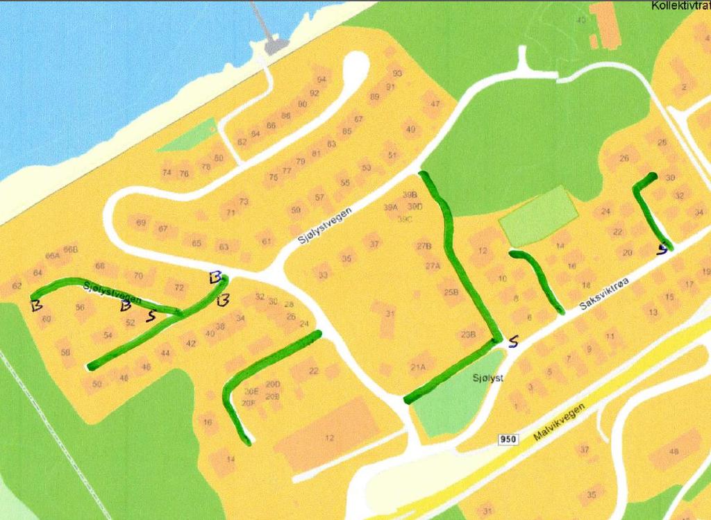 VEDLEGG 1 SAK 2 Informasjon fra styret: Kart over Nedre Sjølyst Grendelag, med private veger markert med grønt.