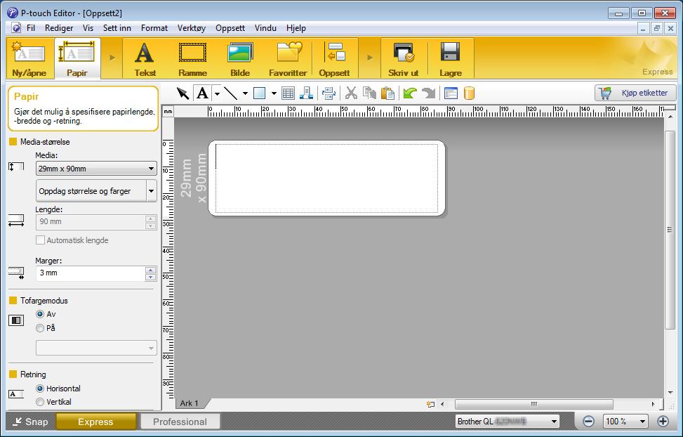 Hvordan bruke P-touch Editor Skrive ut med P-touch Editor 6 Express-modus Denne modusen gjør at du raskt kan lage oppsett som omfatter tekst og bilder.