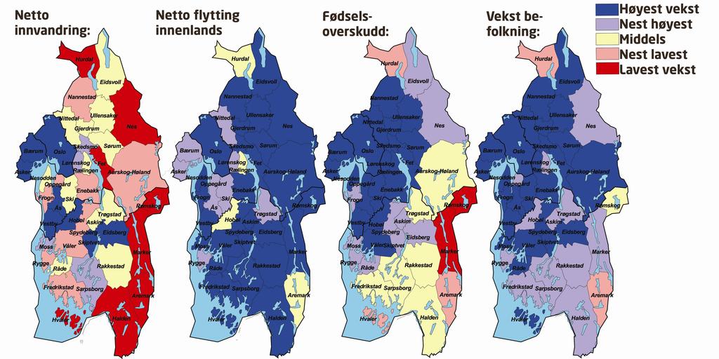 Kart med befolkningsendringer kommuner Figur 5: Befolkningsendringer dekomponert i perioden 2003-2007, netto endringer i forhold til folketallet.