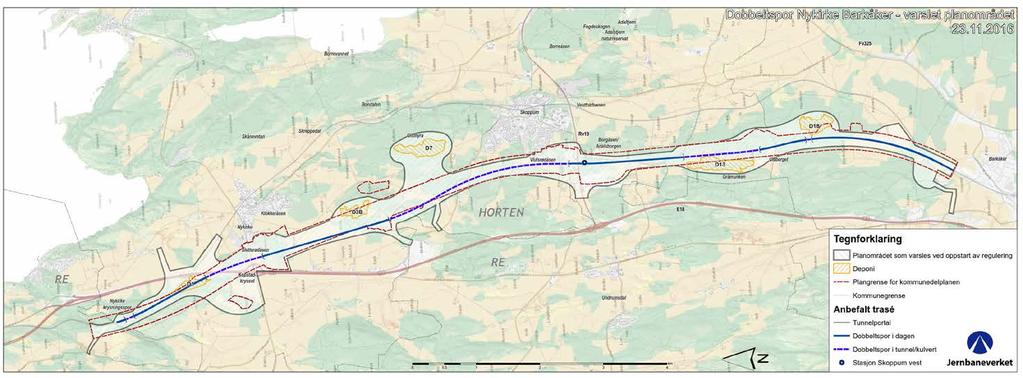 Varslingsområde med forslag til deponier og optimalisert trasè Betongtunnel under E18, Kopstadveien fram til vest for Sletterødåsen Berg- og betongtunnel