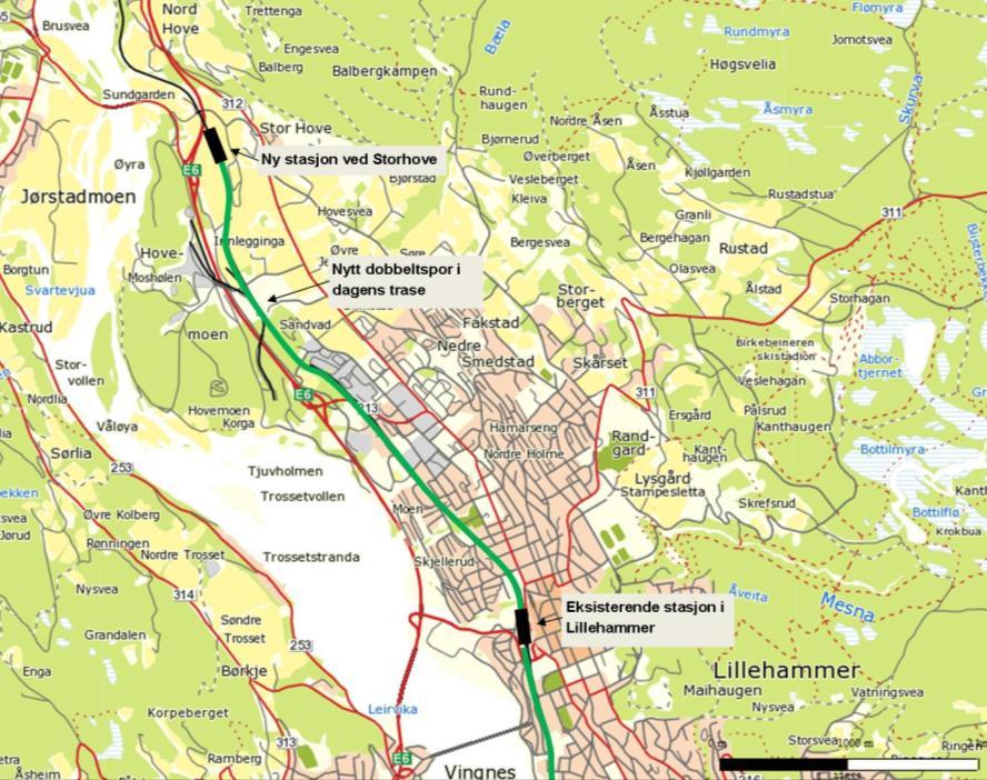 Alternativ i Lillehammer Etablering av dobbeltspor og forlengelse av IC-pendel til Storhove Kostnad ca 1,6 mrd kroner Høgskoleområdet har ca 5500 studie- og arbeidsplasser Arealbruken eller i området
