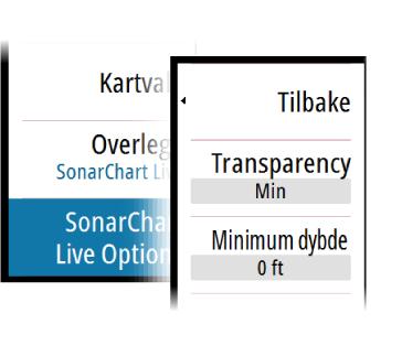 Når du velger SonarChart Live-overlegget, utvides menyen for å vise alternativene for SonarChart Live. Bruk alternativene til å angi gjennomsiktighet og minste dybde.