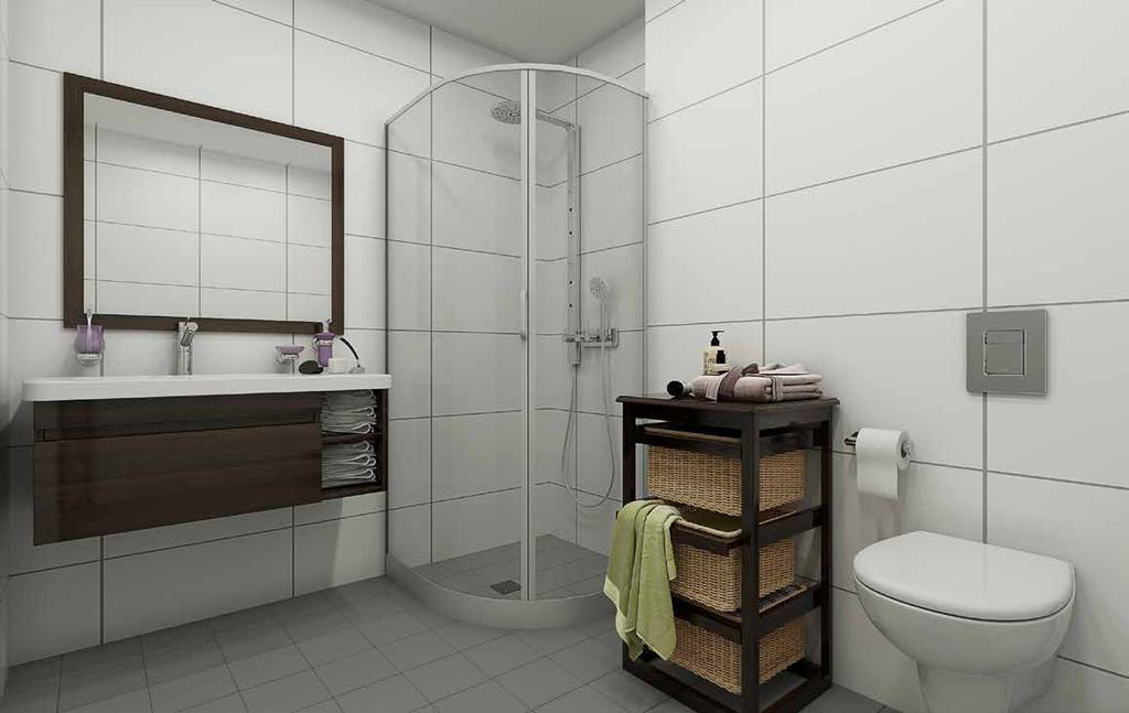 Bad, WC og vaskerom Rekkehus 1-10 har fått romslege baderom, som er utstyrt med dusjhjørne, vegghengt toalett og vask med innreiing.