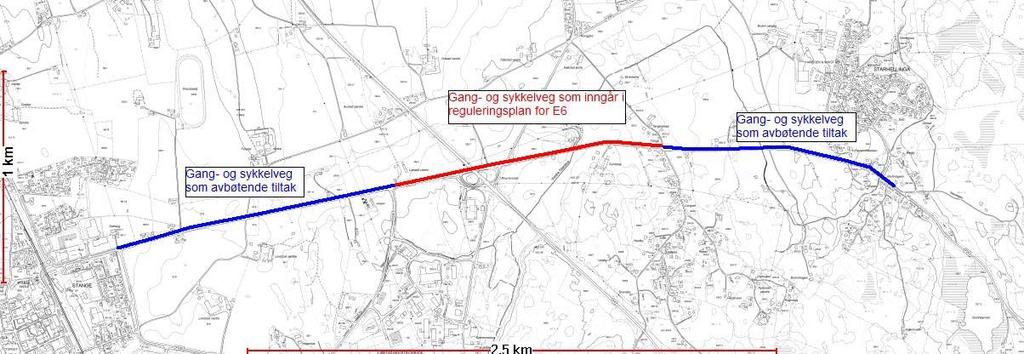 5. og 6 Gang og sykkelveg Starhellinga Stange Strekningene (de blå) som ikke omfattes av selve E6-utbyggingen har en total lengde på 2,4 km.