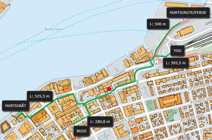 Figuren viser at planområdet ligger nært de fleste kollektivtilbud i Bodø sentrum.