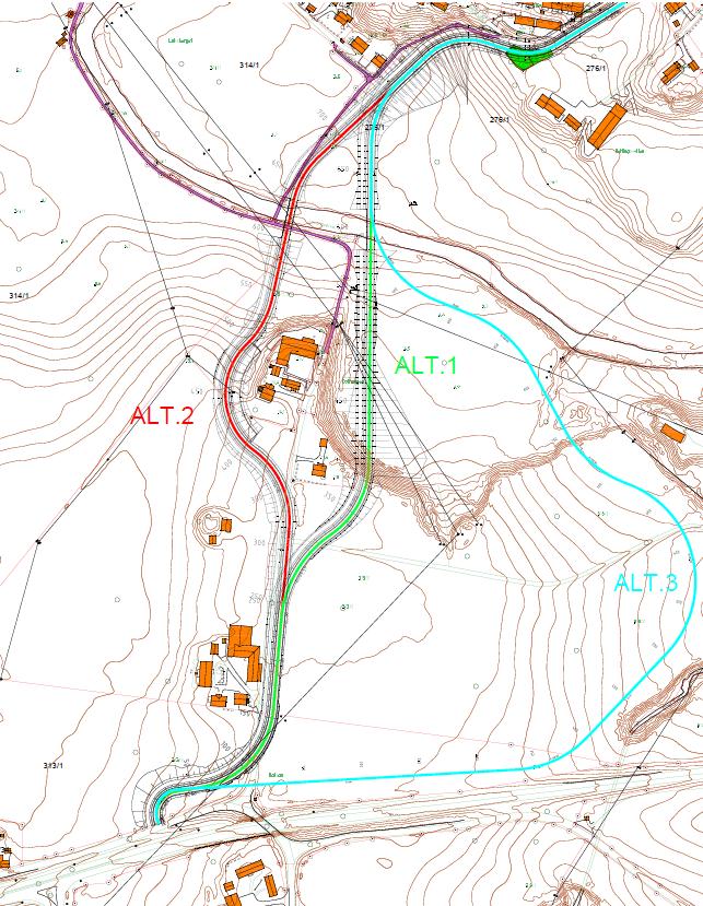 Alternative traceer lokalt Alt. 1 er bedre for bebyggelse v/ 450, 2 boligeiendommer Alt. 2 går mer i grensa mellom eiendommer nord for elva Mellom elva og fv125 i alt.