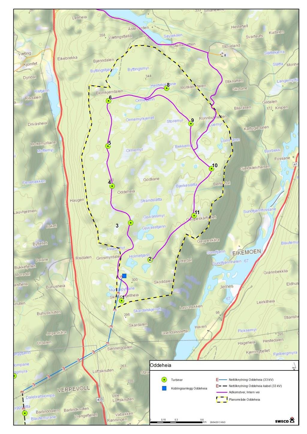 6.2.2 Oddeheia Kartet i Figur 6-4 og Tabell 6-2 under viser nøkkeldata for omsøkt løsning for turbinplassering, adkomstveg og nettilknytning.