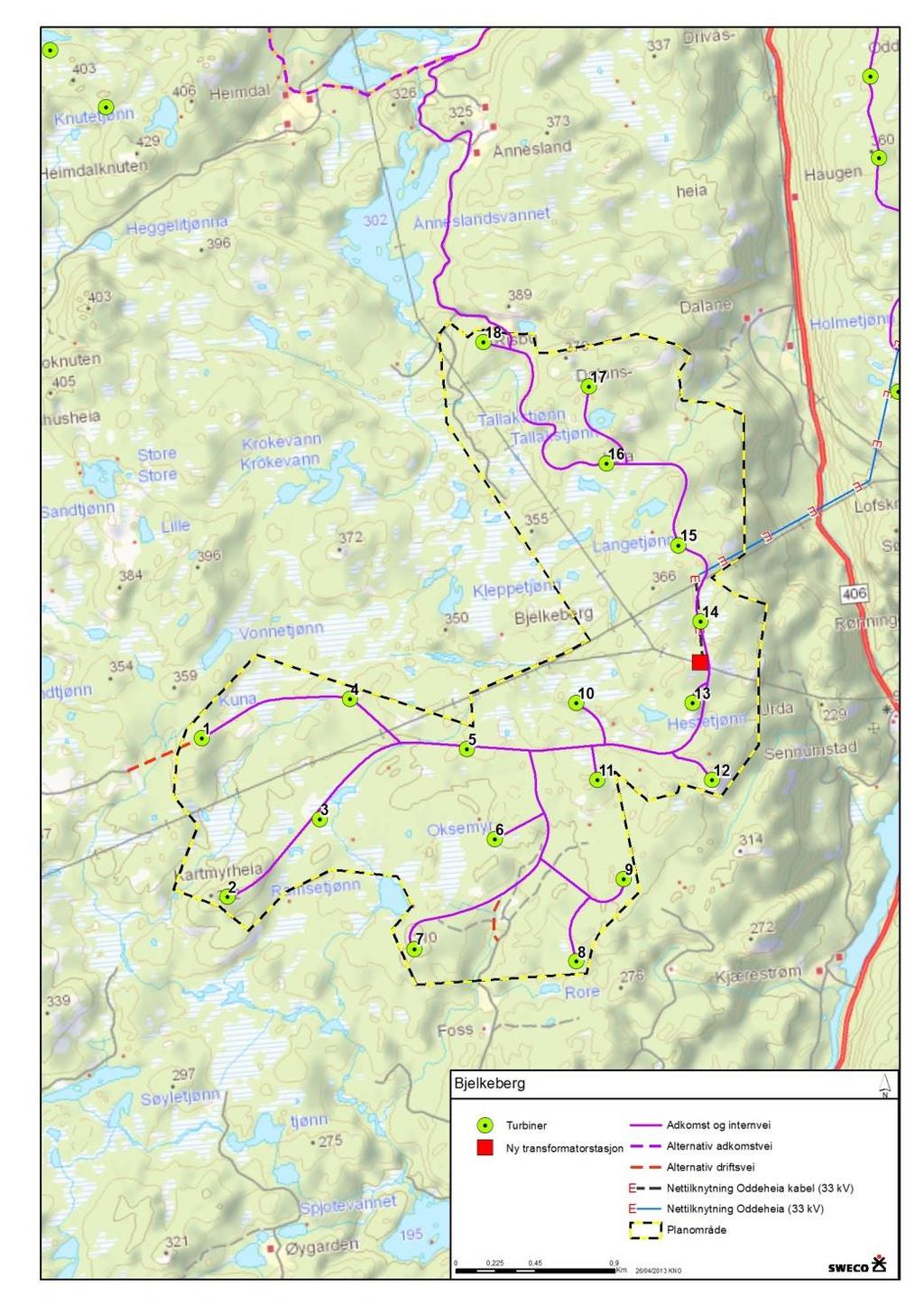 6.2.3 Bjelkeberg Kartet i Figur 6-5 og Tabell 6-3 under viser nøkkeldata for omsøkt løsning for turbinplassering, adkomstveg og nettilknytning.