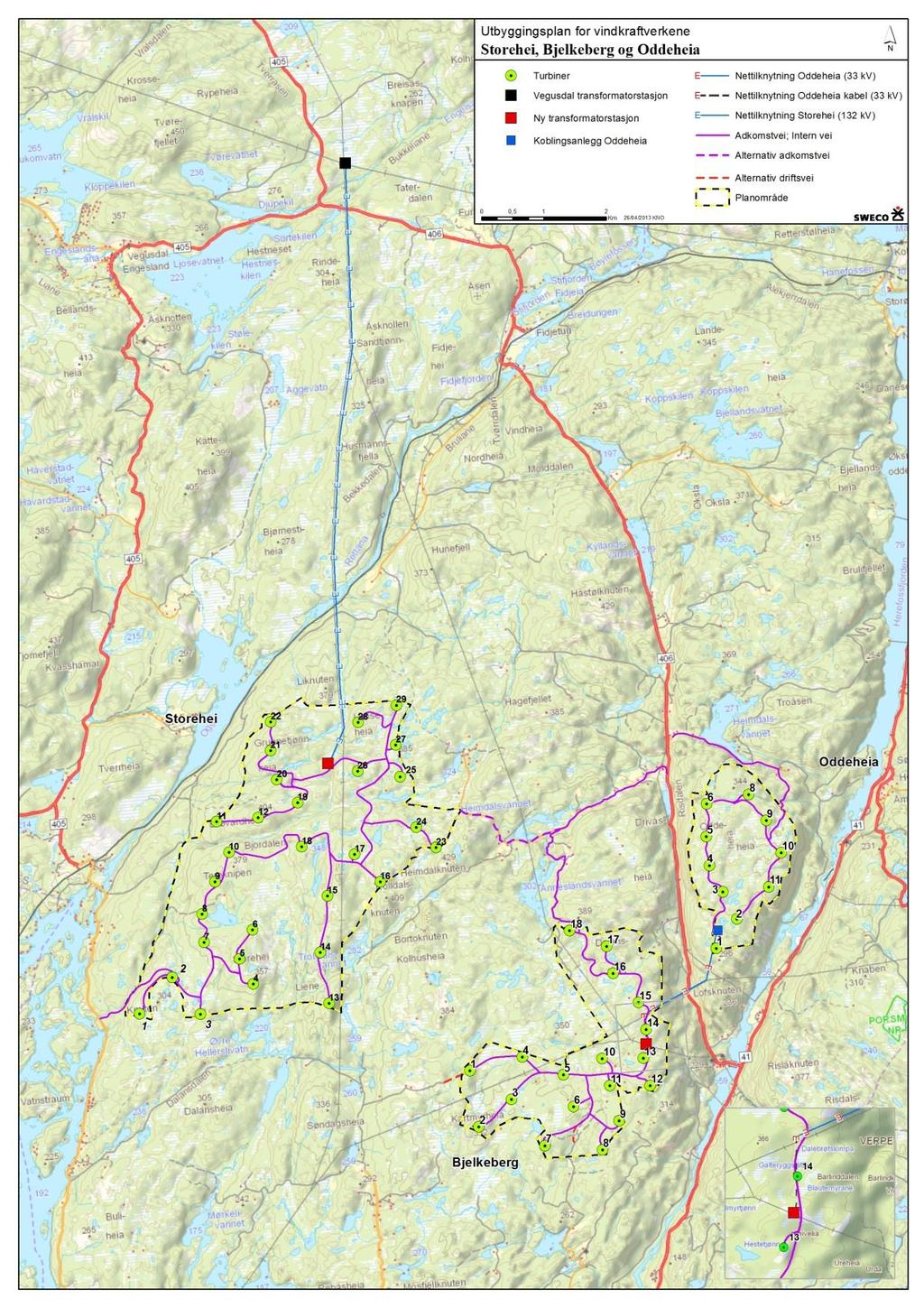 Figur 1-1: Kart som viser layout for Storehei, Oddeheia og Bjelkeberg vindkraftprosjekt med nettilknytning.
