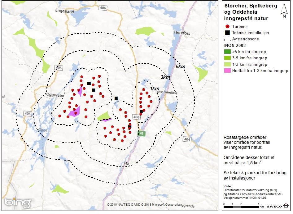 De planlagte vindkraftverkene på Storehei, Oddeheia og Bjelkeberg vil medføre bortfall av INONområder (sone 2) på 1,5 km 2.