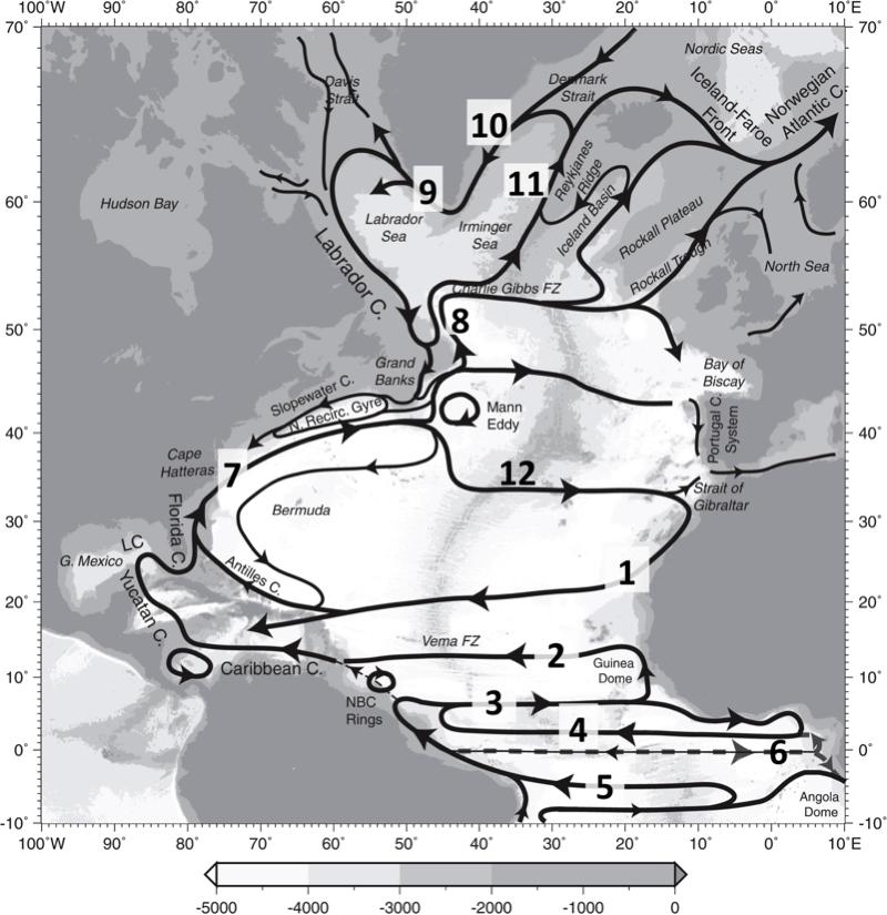 Side 3 av 5 (GEOF100) Spørsmål 5 Havsirkulasjon (5a) Nevn noen (opptil fem) sentrale faktorer som alle er med på å bestemme havsirkulasjonen.