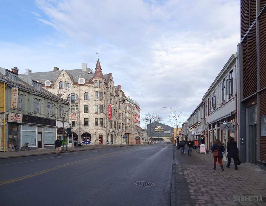 Illustrasjon av regulert bebyggelse sett fra Søndre gate ved Olav Tryggvasons gt.