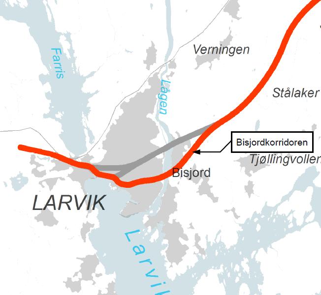 Utredes ikke: Bisjord-korridoren Flomsikring og omfattende omlegging av eksisterende infrastruktur gir kostnader på samme nivå som øvrige korridorer i Larvik.