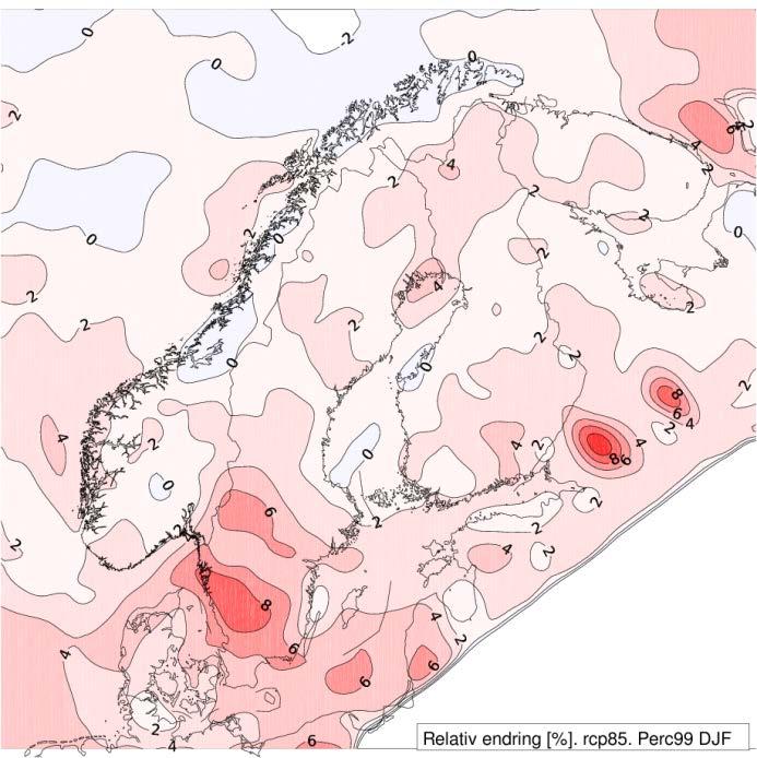 Figur 9: Endring i prosent for 99 prosentilverdien for vindhastighet fra 1971 2000