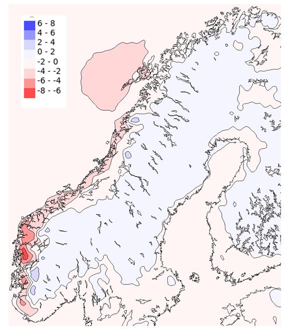 flere (2015). I områder med økt frekvens av våt snø er derfor naturlig å anta at de høyeste verdiene av slike laster vil øke noe på grunn av økningen i nedbørmengde på dager med kraftig nedbør.