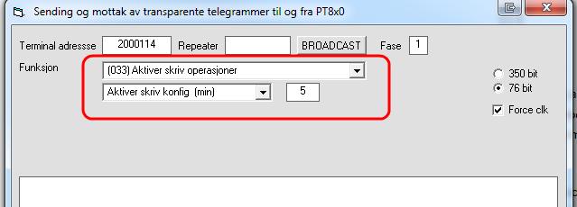 Logg inn med PC570 Trykk på PT8XX knappen - Legg in adressen til PoliTermen og velg funksjon «(033) Aktiver skriv operasjoner», Aktiver skriv konfig