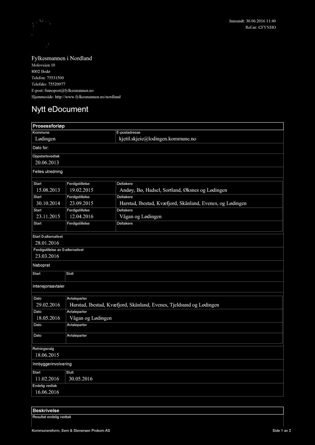 Innsendt: 30.06.2016 11:40 Ref.nr: CFYNHO Fylkesmannen i Nordland Moloveien 10 8002 Bodø Telefon: 75531500 Telefaks: 75520977 E-post: fmnopost@fylkesmannen.