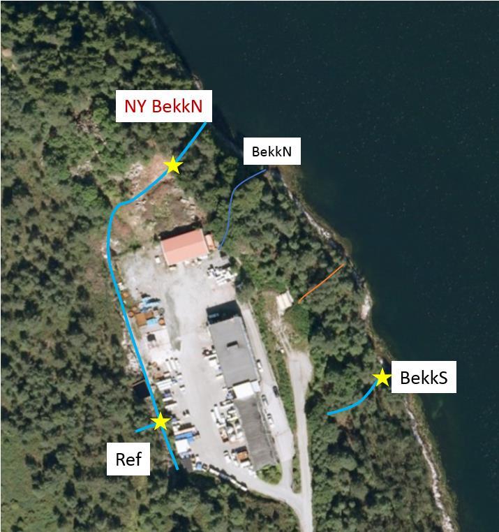 Årsrapport - Gjennomført overvaking for Solberg Scandinavian AS i 2015 Figur 3 Bekkar som inngår i overvakingsprogrammet. Prøvepunkt er markert med stjerne.